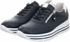 A pair of navy blue leather sneakers with white accents and a thick white platform sole with blue stripes. Voir les images du produit