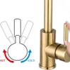 Diagram showing how to operate a faucet with arrows indicating hot and cold water, next to a close-up of a gold-colored faucet. Produktbild-Vorschau