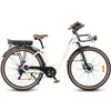 A white electric bicycle with brown accents is shown against a white background. Produktbild-Vorschau