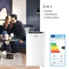 A couple relaxing on a couch with a portable air conditioner and its energy label displayed. Produktbild-Vorschau
