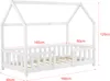 A white wooden house-shaped bed frame with dimensions indicated by red lines and text. Produktbild-Vorschau