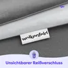 A close-up view of grey fabric with a brand label and a zipper icon with text. Produktbild-Vorschau