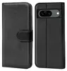 A black book-style phone case for a Google Pixel 8 is shown, with the phone inside on the right and the case closed on the left. Produktbild-Vorschau