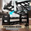 A black plastic wine rack is shown, with an inset showing a close-up of the stacking mechanism. The product is displayed on a wooden floor with a blurred background of a room. Produktbild-Vorschau