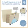 A folded storage box with a whale design is shown, with callouts highlighting its features. Produktbild-Vorschau