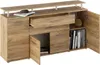 A wooden sideboard with multiple drawers and doors, some open, displaying books and decorative items. Produktbild-Vorschau