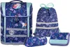 A set of school supplies including a backpack, a drawstring bag, a pencil case, and a small pouch, all featuring a blue and purple floral pattern with Disney Frozen characters. Anteprima dell’immagine prodotto