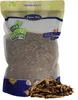 A bag of dried grasshoppers for pet food, with a pile of grasshoppers in front. Produktbild-Vorschau