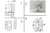 A collage of diagrams and a photo showing a cabinet hinge and its dimensions. Produktbild-Vorschau
