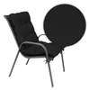 A black chair cushion on a gray metal chair frame, with a close-up inset of the cushion's textured fabric. Produktbild-Vorschau