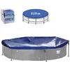 A blue pool cover is shown on top of a round pool, with a diagram of the pool cover and a display box of pool covers in the background. Produktbild-Vorschau