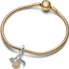 A gold-colored Pandora charm bracelet with a clasp and three charms: a star, a sun, and a crescent moon. Produktbild-Vorschau