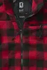 A close-up view of a red and black checkered fleece jacket. Produktbild-Vorschau