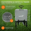 A gray foldable wagon is shown on a grassy background, with text overlays highlighting its features. Náhled obrázku produktu