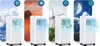 Four portable air conditioners are shown against backgrounds depicting different weather conditions. Podgląd zdjęcia produktu
