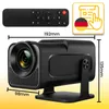 A product image showing a mini projector with its remote control and dimensions indicated. There is also a graphic with a German flag and an icon representing a manual or guide. Voir les images du produit