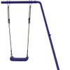 A close-up view of a blue swing seat hanging from a purple metal frame. Produktbild-Vorschau