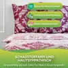 A close-up view of bedding with overlaid marketing text and certifications. Produktbild-Vorschau