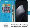 A blue wallet case for a smartphone, showing credit cards and a banknote inserted. Produktbild-Vorschau