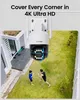 A security camera is mounted on a wall, overlooking a backyard where two people are exercising. The image highlights the camera's wide coverage and high-definition capabilities. Produktbild-Vorschau