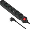 A black power strip with six outlets and a red on/off switch, along with its black plug and cord, is shown against a white background. Produktbild-Vorschau