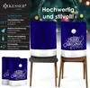 Christmas-themed chair covers displayed on chairs, with marketing text and product features listed on the left. Produktbild-Vorschau