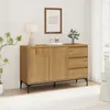 A wooden sideboard with two doors and three drawers, placed in a well-lit room with a plant and a framed picture on the wall. Voir les images du produit