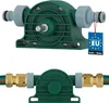 Two views of a green pump designed to attach to a drill, with hose connectors shown. Náhľad obrázku produktu