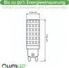 A technical drawing of a G9 LED lamp with dimensions and brand logo. Produktbild-Vorschau