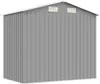 A grey metal garden shed with white trim and two vents on the roof. Podgląd zdjęcia produktu