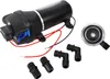 A black 12V DC diaphragm water pump with accessories, including elbow fittings and a filter, is displayed on a white background. Náhled obrázku produktu