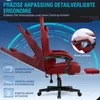 A red gaming chair with its features highlighted by text and diagrams. Voir les images du produit