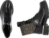Two views of a black patent leather boot with a patterned cuff. Voir les images du produit