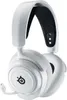 A white gaming headset with a black inner headband.