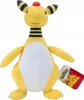 A yellow plush toy of the Pokémon Ampharos is shown against a white background. A red and white tag with the Pokémon logo and an image of Pikachu is attached to its arm. Voir les images du produit