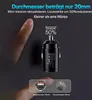 A close-up of a car charger being compared in size to a finger and a coin, with descriptive text highlighting its small size. Produktbild-Vorschau