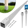 A close-up view of a wooden post secured by a metal ground sleeve, with additional ground sleeves and screws displayed. Anteprima dell’immagine prodotto