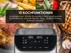 A collage of food images and the front panel of an air fryer with its digital display. Produktbild-Vorschau