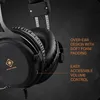 Close-up of a black gaming headset with text overlays highlighting features. Produktbild-Vorschau