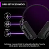 A close-up of a black gaming headset with purple graphic overlays and text highlighting connectivity features. Produktbild-Vorschau