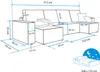 A line drawing diagram of a sectional sofa with dimensions indicated by measurement lines and text. Voir les images du produit