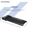 A black treadmill is shown from a diagonal, slightly elevated angle, with dimensions indicated by lines and text. Produktbild-Vorschau