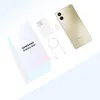 A Samsung Galaxy A06 smartphone, its packaging, and accessories are laid out on a white and light blue background. Produktbild-Vorschau