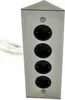 A silver corner power strip with four outlets and a white cable on a white background. Produktbild-Vorschau