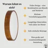 A round wooden lamp with a white diffuser is shown next to text highlighting its features. Produktbild-Vorschau