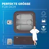 Diagrams and text illustrating the dimensions, capacity, and features of a hot tub, with a person standing next to it. Produktbild-Vorschau