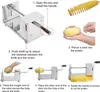 An instructional diagram showing how to use a manual stainless steel potato spiralizer. Náhled obrázku produktu