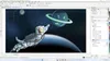 A digital illustration of a cat in an astronaut suit reaching for a planet with a ring, set against a starry night sky. Produktbild-Vorschau