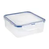 A clear, studio shot of a square, transparent food storage container with a blue lid and locking mechanisms, set against a plain white background. Náhľad obrázku produktu
