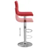 A side view of a red bar stool on a white background, with an indicator showing its adjustable height. Produktbild-Vorschau